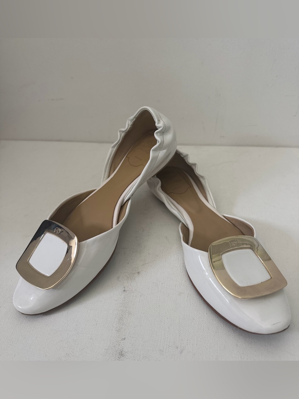 Roger Vivier White Patent Ballet Flats with Gold Square Buckle